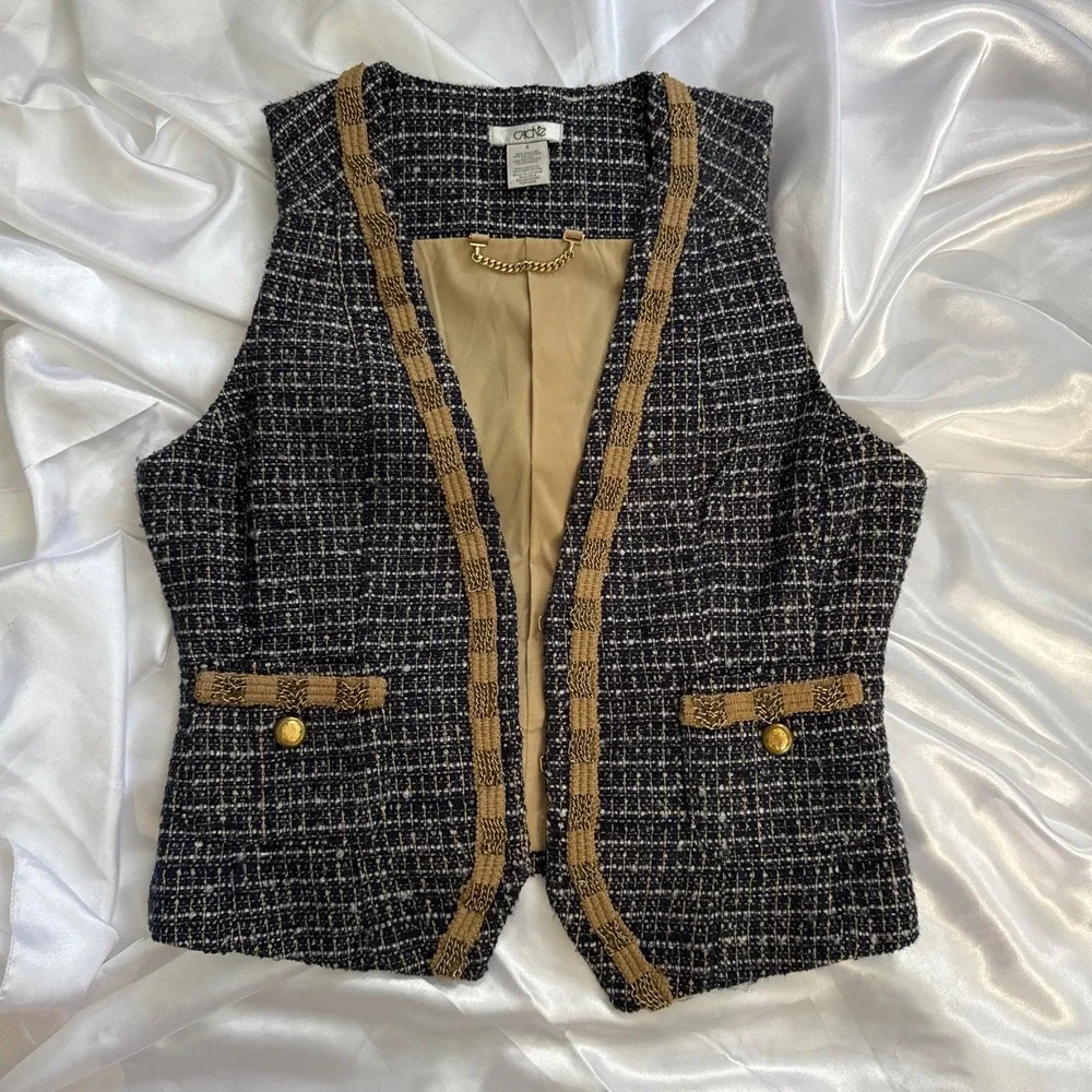 Cache Navy Blue Tweed Vest Gold Chain Link Trim Boucle Open Front Size 4 - Picture 2 of 4